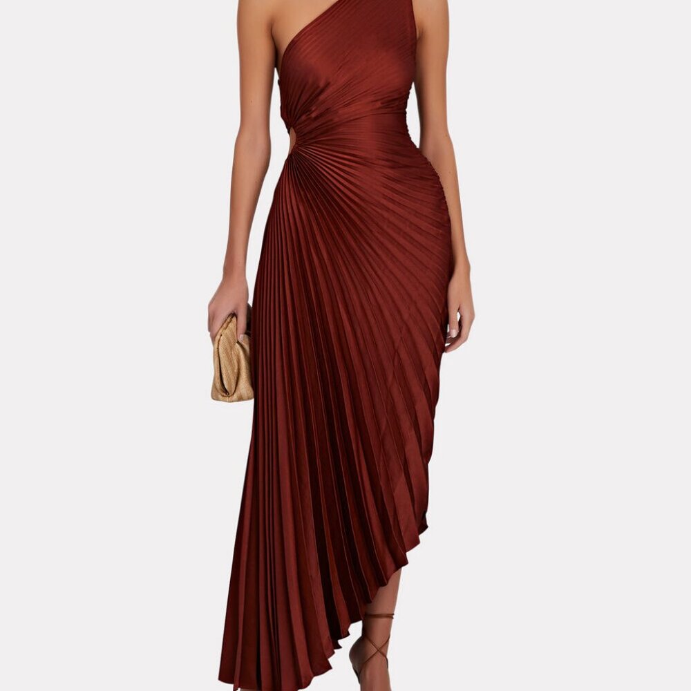 A.L.C. Delfina One-Shoulder Plissé Maxi Dress (Color: Burgundy, Size: 2)